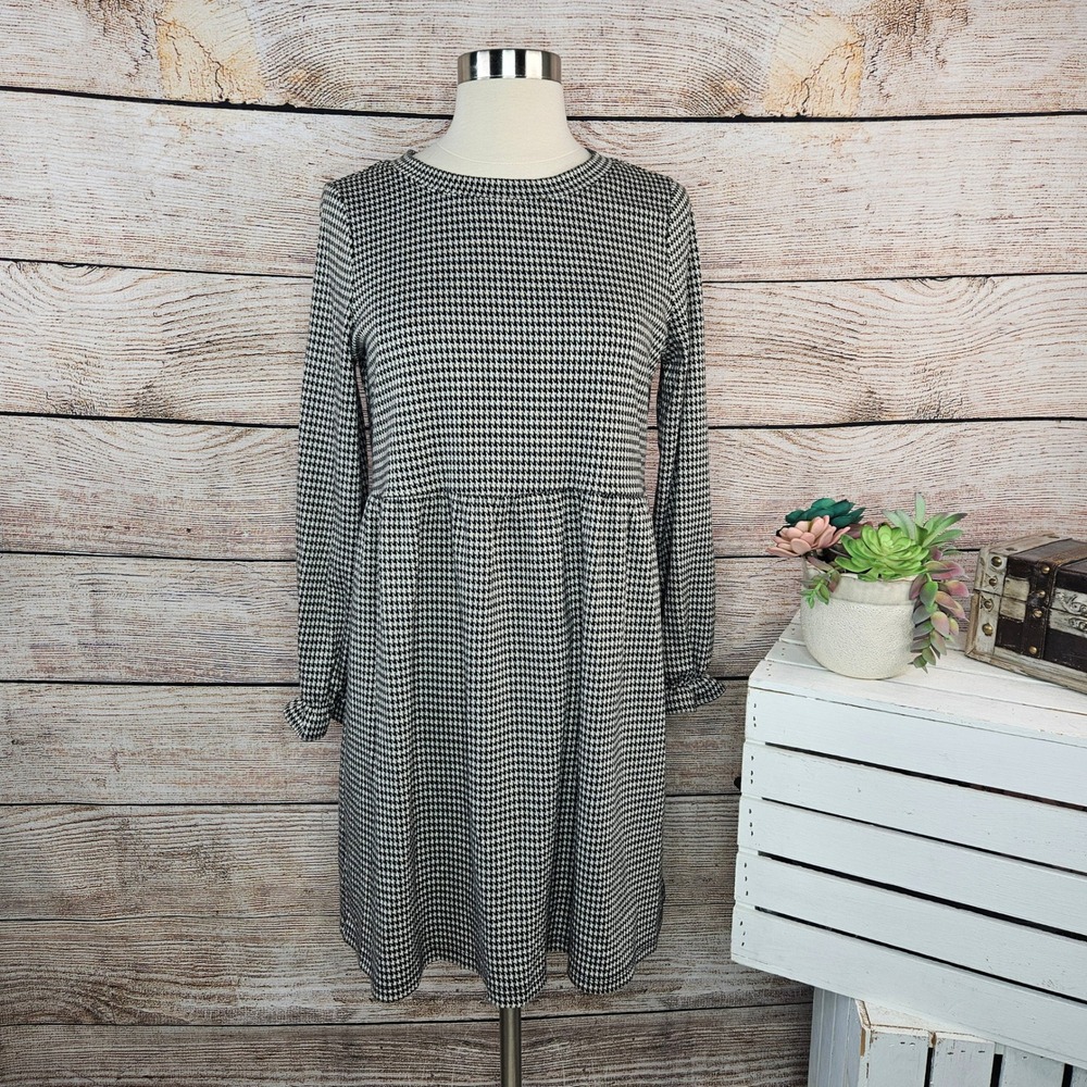 LOFT Petites Black & White Houndstooth Long Sleeve Babydoll Dress Small Petite